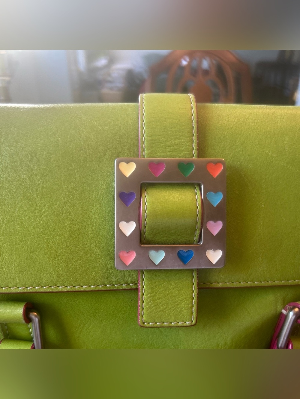 Dooney & Bourke Lime Heart Buckle Green & Pink Trim Shoulder Bag VTG - Picture 3 of 16